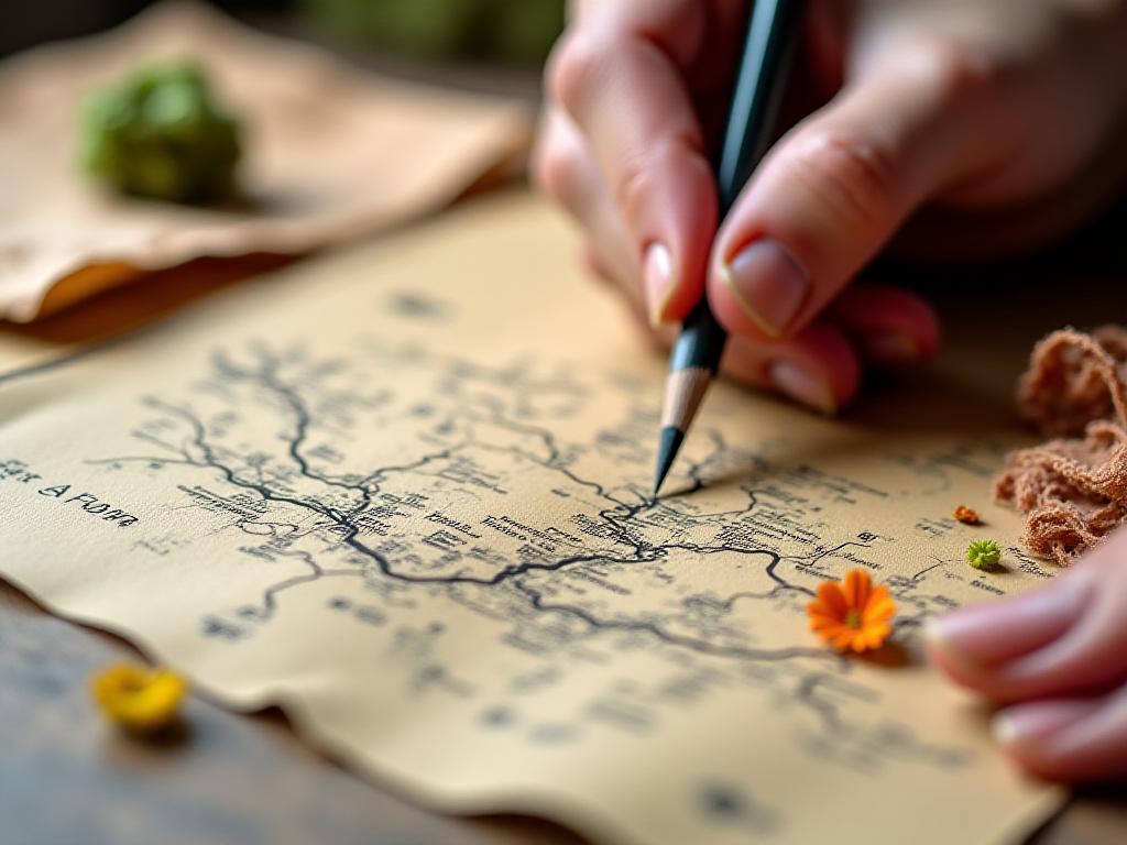 Hand-drawn travel route on a vintage map