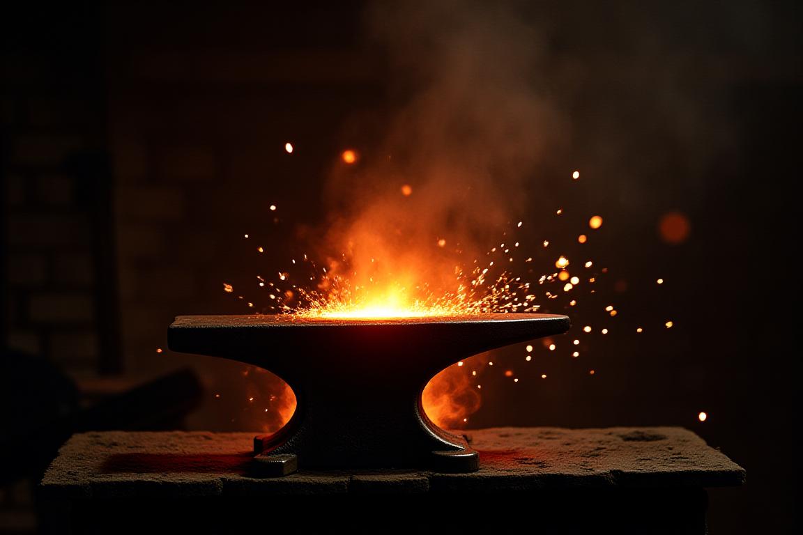 Blacksmith forging hot iron in a traditional forge
